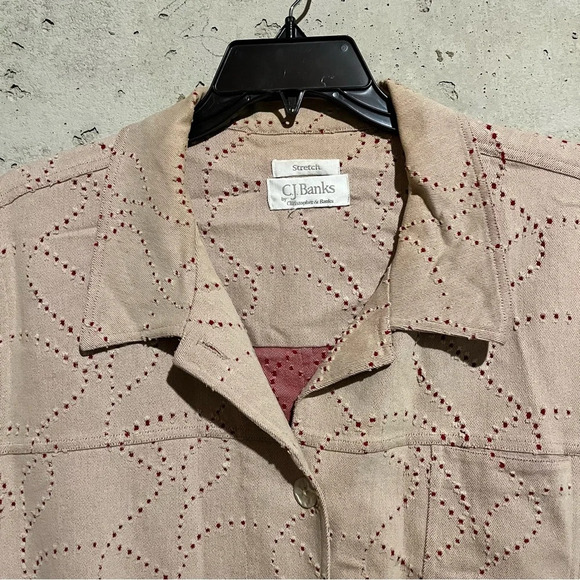 CJ Banks Shirt Jacket Womens Size 1X Beige Red Preppy Stretch - Picture 3 of 8